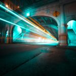 Long exposure capturing light trails in the Stockton Tunnel, San Francisco, creating a dynamic urban scene.